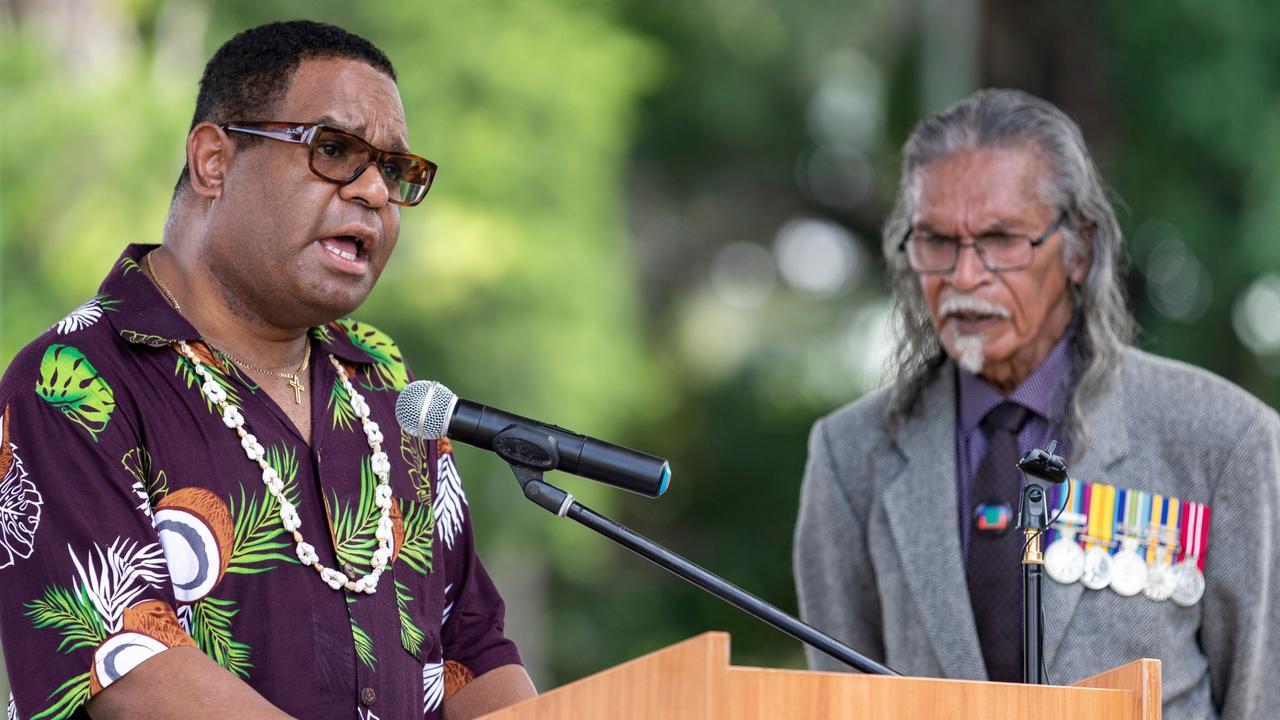 Torres Strait Island Regional Council Mayor, Cr Phillemon Mosby delivers a speech during the Torres Strait Island Light Infantry Battalion 80th anniversary ceremony held at Thursday Island. Picture: Supplied