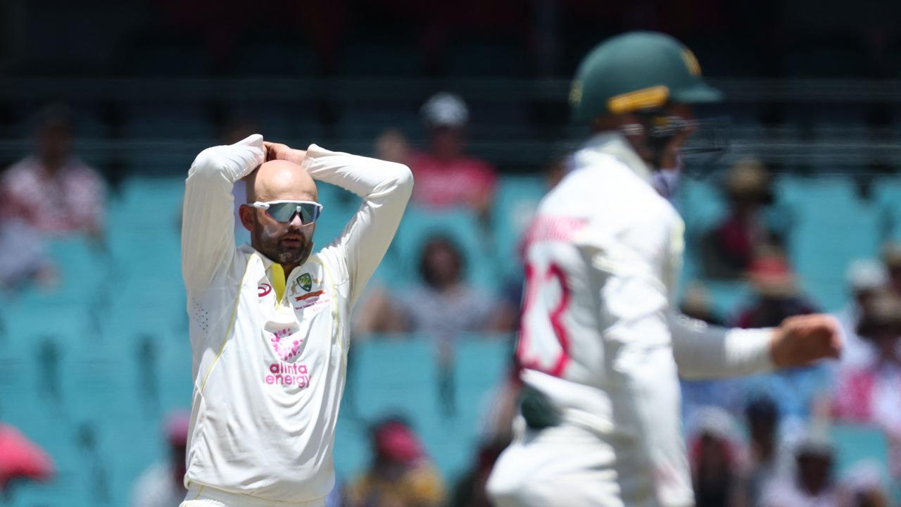 Nathan Lyon reacts during the final day’s play at the SCG. Picture: Getty