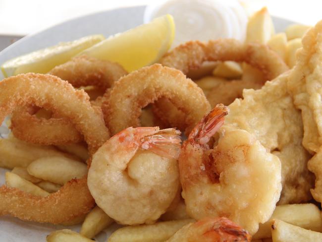 Prawns, calamari and fish — a perfect lunch box. Picture: Chris Tsaousidis