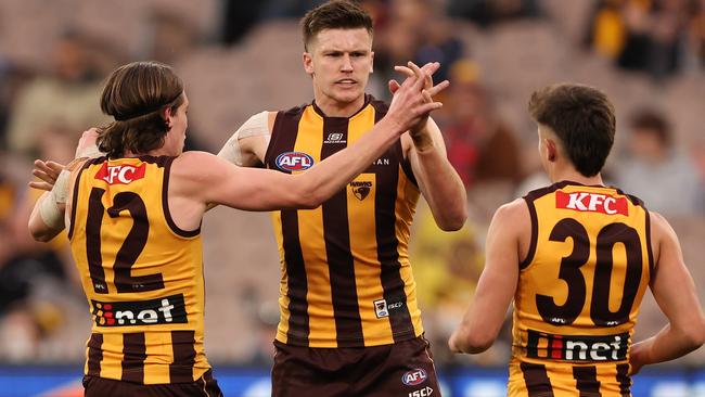 MELBOURNE, AUSTRALIA - JUNE 10: Mitch Lewis of the Hawks celebrates after scoring a goal during the round 13 AFL match between Hawthorn Hawks and Brisbane Lions at Melbourne Cricket Ground, on June 10, 2023, in Melbourne, Australia. (Photo by Robert Cianflone/Getty Images)