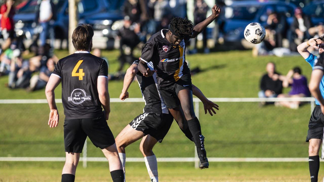 Jok Ayii of West Wanderers against Willowburn in FQPL Men Darling Downs Presidents Cup football at West Wanderers, Sunday, July 24, 2022. Picture: Kevin Farmer