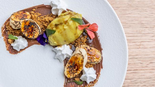 The banoffee pie is one of the new desserts, made with lady finger banana, wattleseed caramel, banana custard, coconut cream, strawberry gum crumb. Picture: Jake Nowakowski.