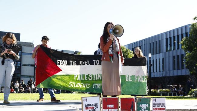 Dr Randa Abdel-Fattah speaking at a pro Palestine protest at Macquarie University in Sydney. Picture: Richard Dobson