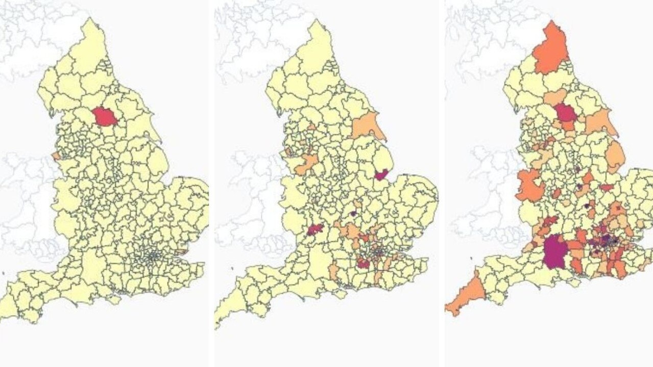 BA.2 infections in the UK, in the week leading up to January 1, January 8 and January 15, respectively. The darker the colour, the more cases. Picture: The Wellcome Sanger Institute