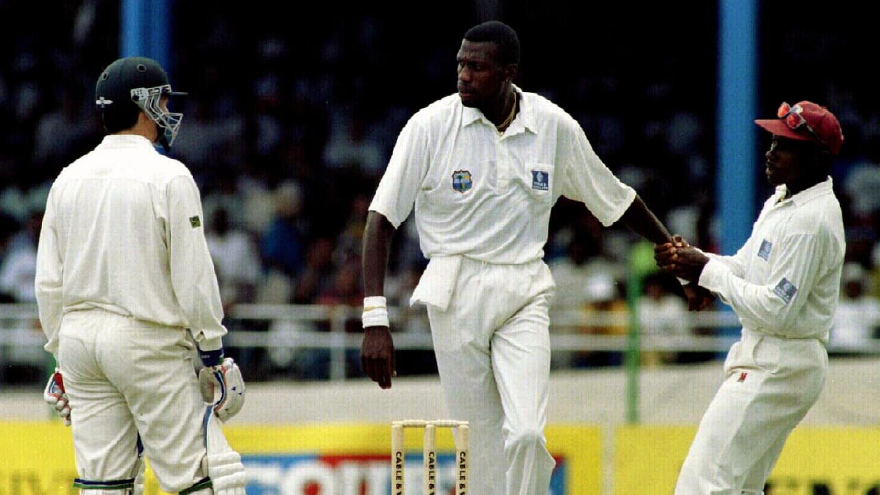 Richie Richardson pulls Curtly Ambrose away from Steve Waugh after heated argument.