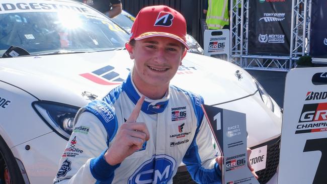 Townsville race car driver Lachlan Evennett, 16, winning race 2 at the Bridgestone GR86 Championship at Hampton Downs, New Zealand. Picture: Toyota NZ.