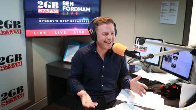 2GB radio host Ben Fordham, in his Sydney studio last week, is about to learn how well he has done after taking over from the legendary Alan Jones. Picture: John Feder