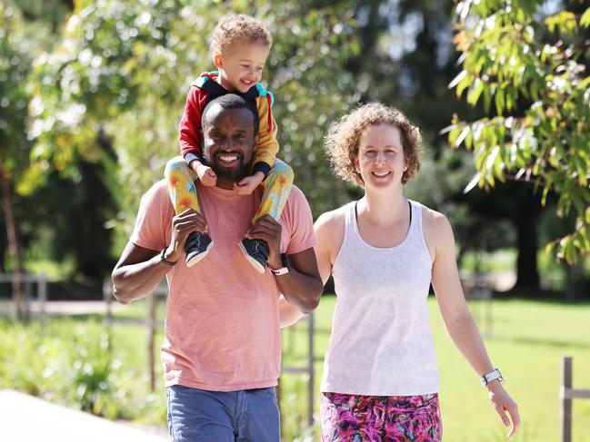 DAILY TELEGRAPH. APRIL 22, 2022HOLD SPECIAL LIFTOUTTransport for NSW is encouraging more families to walk their kids to school and explore their community by foot. Nadia Barbov, and her husband Daren Lake with their son Aiden, 3 walk and ride a bike to pre-school. Picture: David Swift