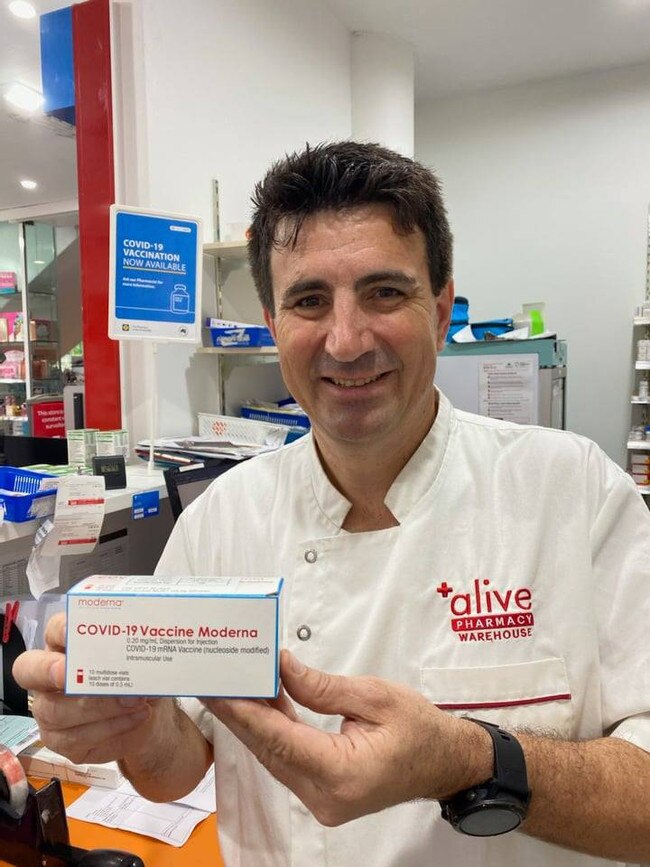 Nick Loukas with the new Moderna Covid-19 vaccine after its arrival in Cairns. Picture: Supplied