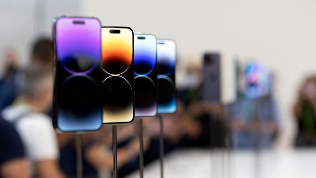 The new iPhone 14 and 14 Plus are displayed at an Apple launch event at Apple Park in Cupertino, California. Picture: AFP