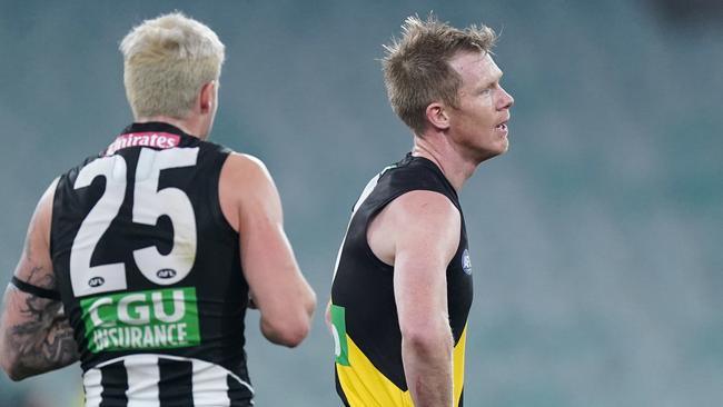 Jack Riewoldt had a set shot for goal that failed to make the distance. Picture: AAP