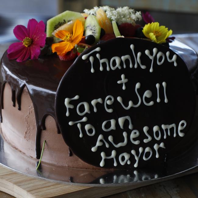 A special cake was prepared for Simon Richardson's last official duty as Byron Shire mayor. Picture: Liana Boss