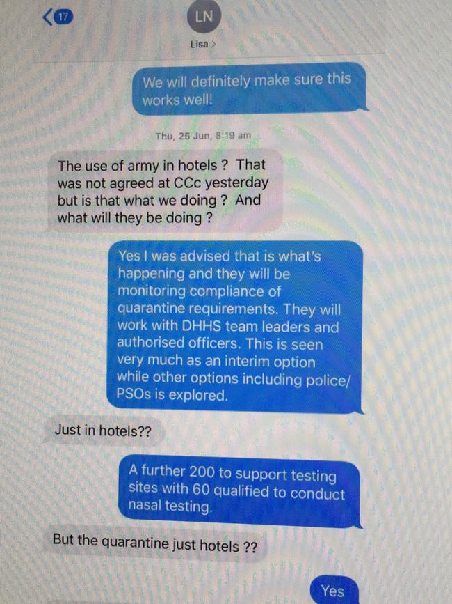 A text exchange between the Emergency Management Commissioner Andrew Crisp and Police Minister Lisa Neville submitted to the hotel quarantine inquiry