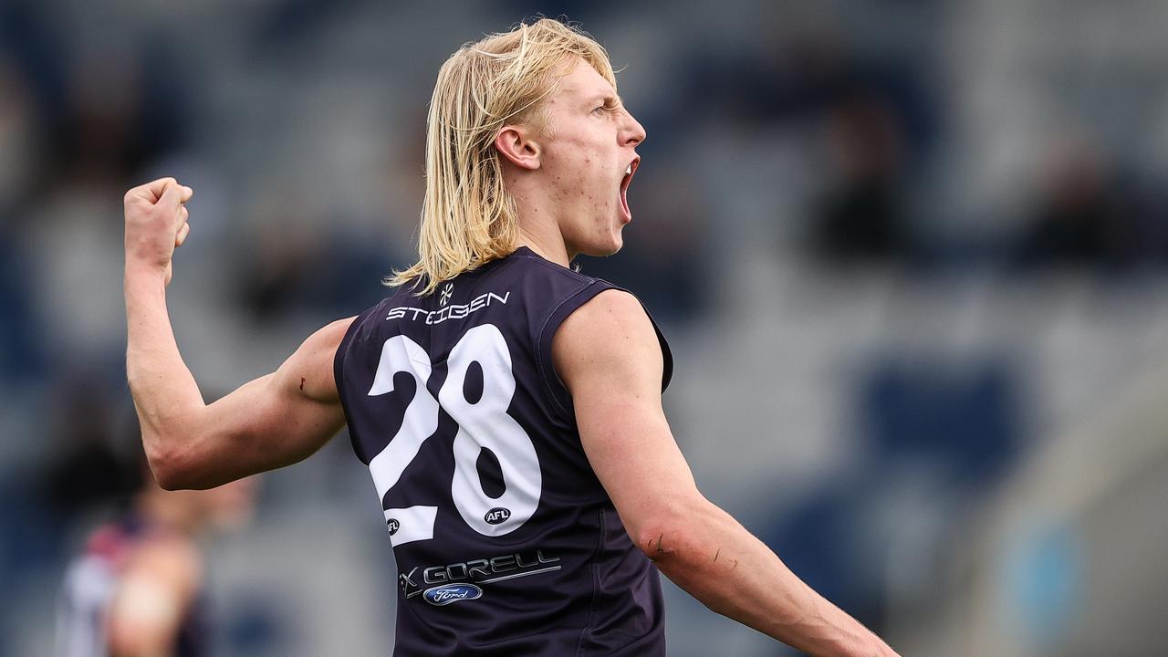 Mitchell Knevitt celebrates a goal. Picture: Martin Keep/AFL Photos via Getty Images