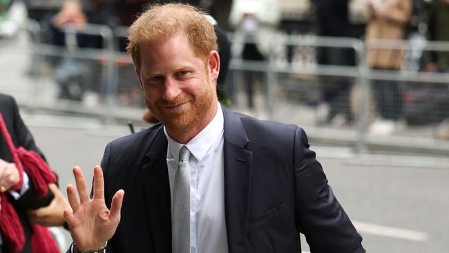 Prince Harry, Duke of Sussex, waves as he arrives to the Royal Courts of Justice, in central London, on Wednesday. Picture: Adrian Dennis/AFP