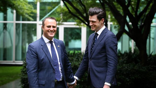 Liberal MP Tim Wilson with partner Ryan Bolger after his proposal in the House of Representatives yesterday. Picture: Kym Smith.