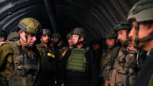 Israeli Defence Minister Yoav Gallant tours the major Hamas tunnel in northern Gaza. Picture: IDF