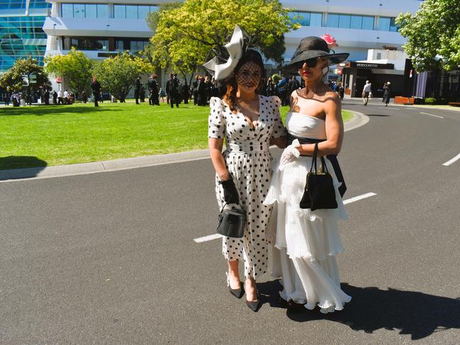 Guests in striking racewear at Penfolds Derby Day at the Flemington Racecourse on Saturday, November 02, 2024: