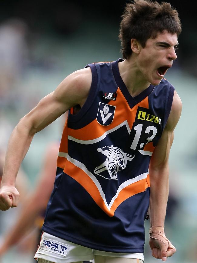 Calder Cannons Thomas Mendico is pumped up after kicking a goal in the 2007 TAC Cup grand final.