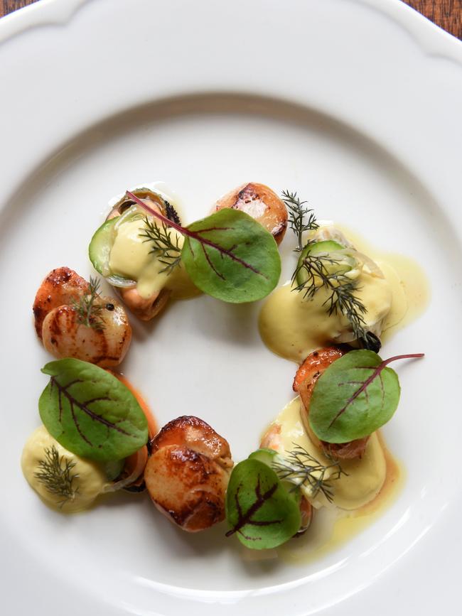 French Bistro Midnight Starling. Seared Scallops with Pickled Mussels, Sauce Rouille and Herb Salad. Picture: Kylie Else