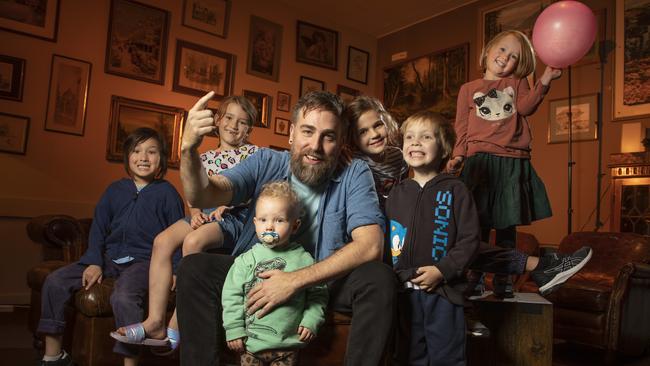 Josh Pyke at The Great Club in Sydney last year with, from left, Billy (6), Mabel (6), Milo (2), Eloise (6), Edward (4) and Clara (4). Picture: Chris Pavlich