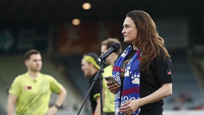 Belinda Duarte speaks before the round three AFLW match between the Western Bulldogs and the Fremantle Dockers at Ikon Park on September 09. (Photo by Darrian Traynor/Getty Images)