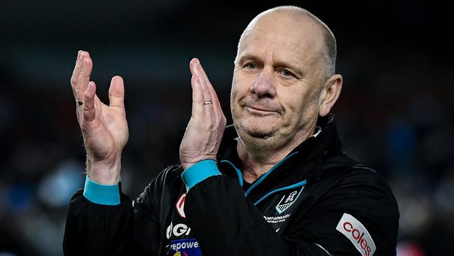ADELAIDE, AUSTRALIA - MAY 19:   Ken Hinkley, Senior Coach of the Power thanks the fans as leaves the ground after   the round 10 AFL match between Yartapuulti (the Port Adelaide Power) and Hawthorn Hawks at Adelaide Oval, on May 19, 2024, in Adelaide, Australia. (Photo by Mark Brake/Getty Images)