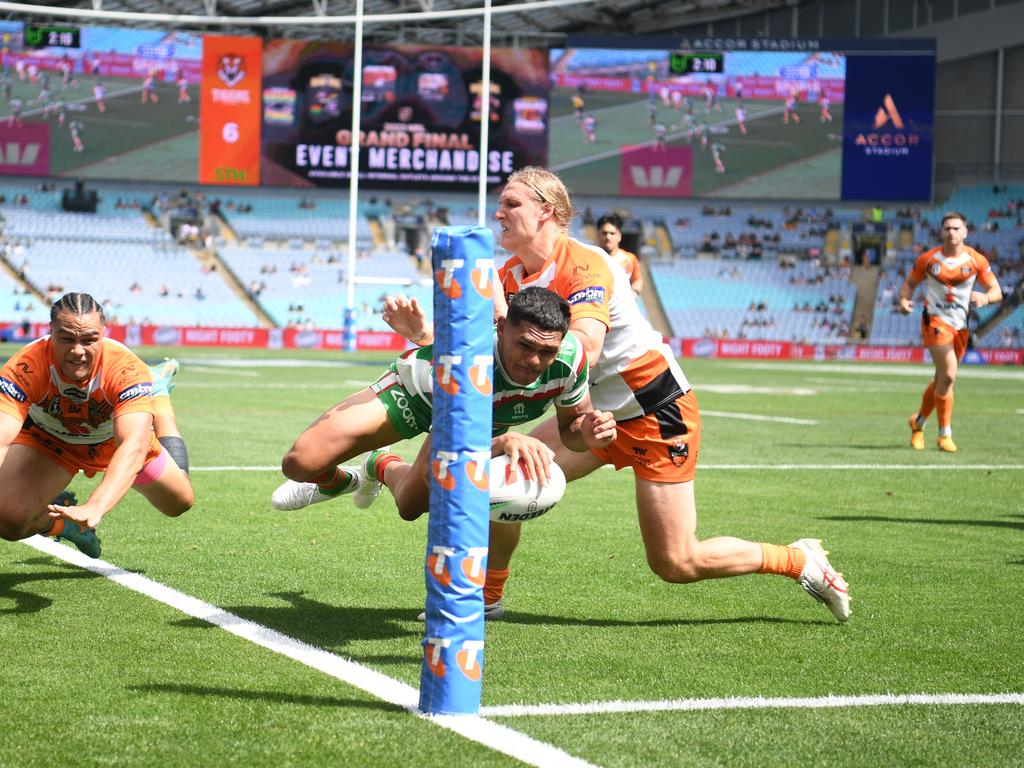 Tyrone Munro crosses for his first try of the match. Picture: NRL