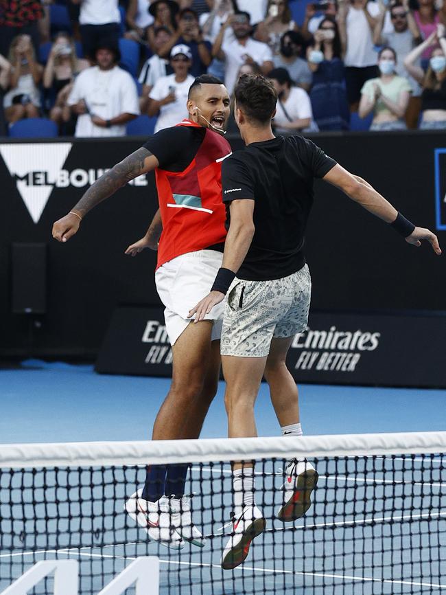 Kyrgios and Kokkinakis celebrate match point in their second round doubles match against Nikola Mektic and Mate Pavic at last year’s Australian Open. Picture Darrian Traynor/Getty Images