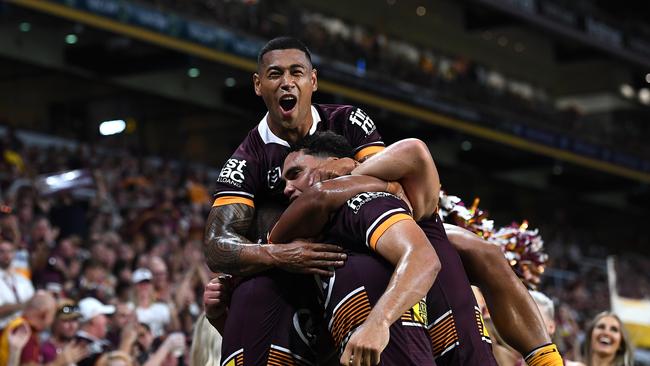 Xavier Coates scored an incredible try for the Broncos off a spectacular kick from Anthony Milford. Picture: Getty Images.