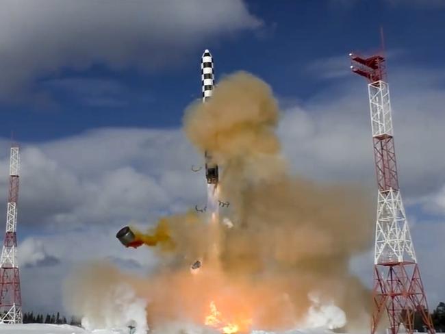 In this image from video provided by the Russian Defense Ministry Press Service, the Sarmat intercontinental ballistic missile blasts off during a test launch. Picture: AP