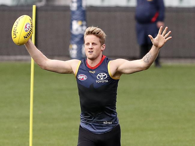 Adelaide Crows training at Adelaide Oval. I'm Here - Rory Sloane alerts everyone on his presence. running well from a hamstring injury.  Picture SARAH REED