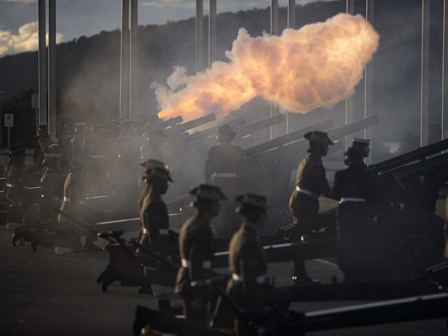 Australia’s ceremonial Federation Guard fired off the rounds from dusk. Picture: NCA NewsWire / Gary Ramage