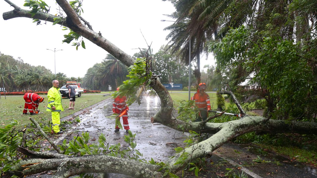 SES crews led by Morten Bay volunteer Darren Ranger clear vegetation from Port Douglas Rd. Picture: Peter Carruthers