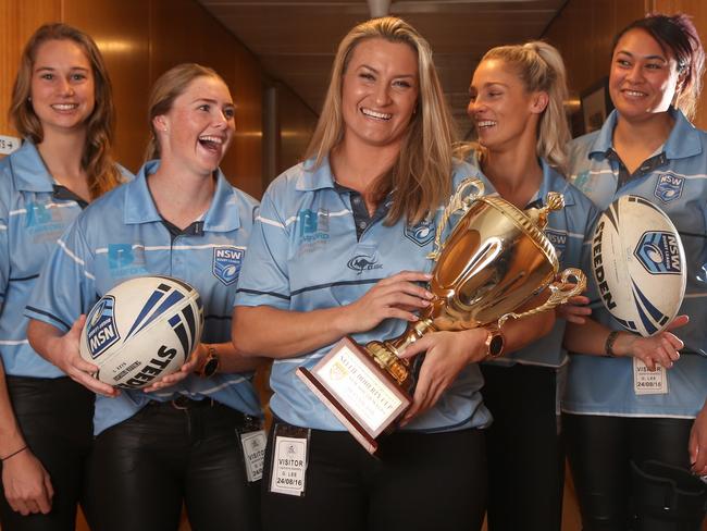 Jillaroos Kezie Apps, Maddie Studdon, Ruan Sims, Allana Ferguson and Jen Latu. Picture: Adam Taylor