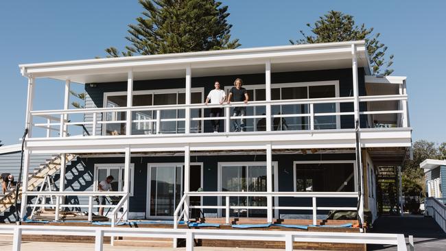 The owners of the Barrenjoey Boatshed eatery on Pittwater at Palm Beach, Rob Domjen (left) and Ben May on the first floor of the new building on the jetty that will accommodate the eatery that is replacing The Boathouse Palm Beach. Picture: Alex Marks