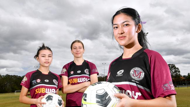 Parwana Azimi, Eliza Maidment and Skye Kov from Marsden SHS play QPL or NPL level. Picture, John Gass