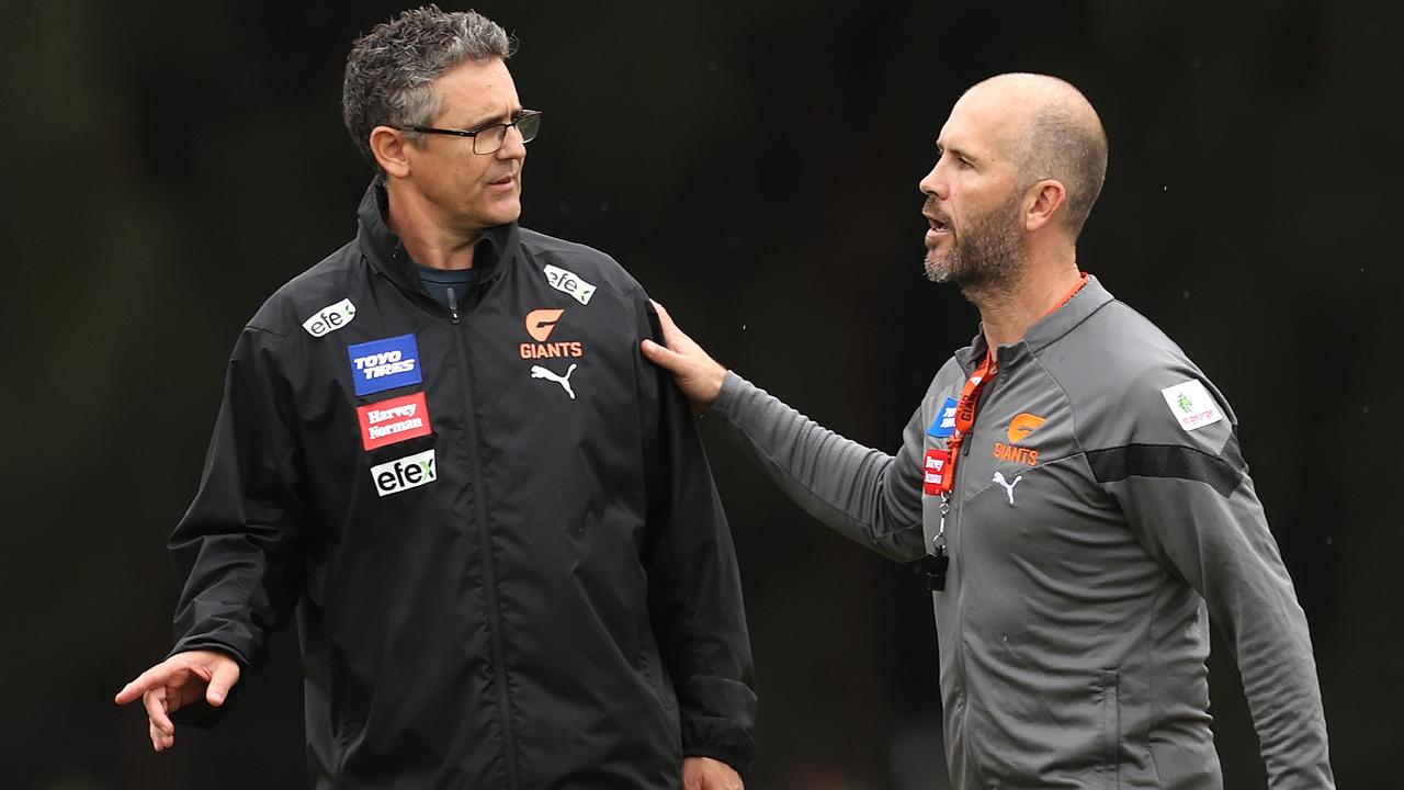 Giants assistant and ex-Bomber Mark McVeigh (right) will be the Giants’ caretaker coach after Leon Cameron’s resignation. Picture: Phil Hillyard