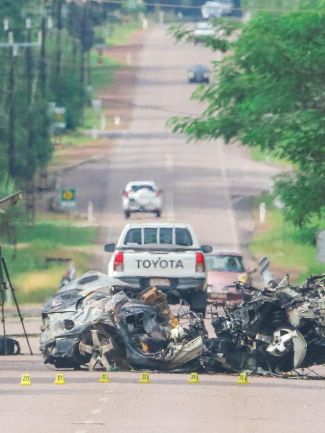 The scene of a fatal car accident on Hillier Rd Howard Springs that claimed the lives of 4 people. Picture: Glenn Campbell