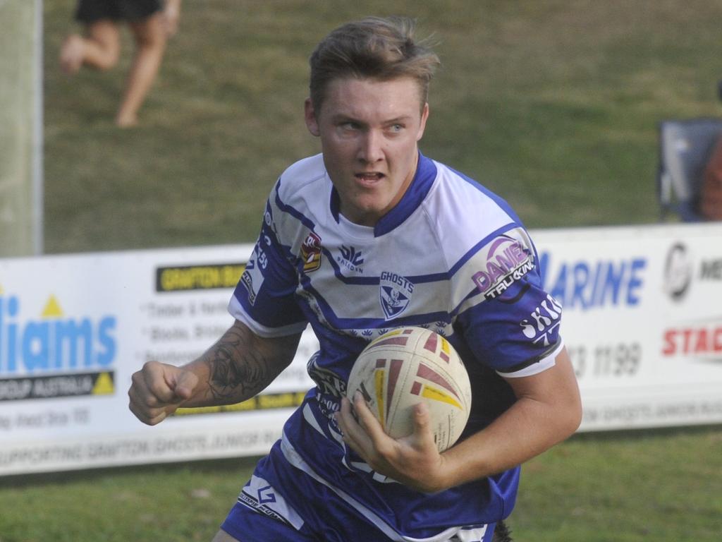 IN THE CLEAR: Centre Cooper Woods crosses the line for his second of three tries to help the Grafton Ghosts to a comprehensive 54-4 win over the Macksville Sea Eagles at Frank McGuren Field in their Group 2 clash.