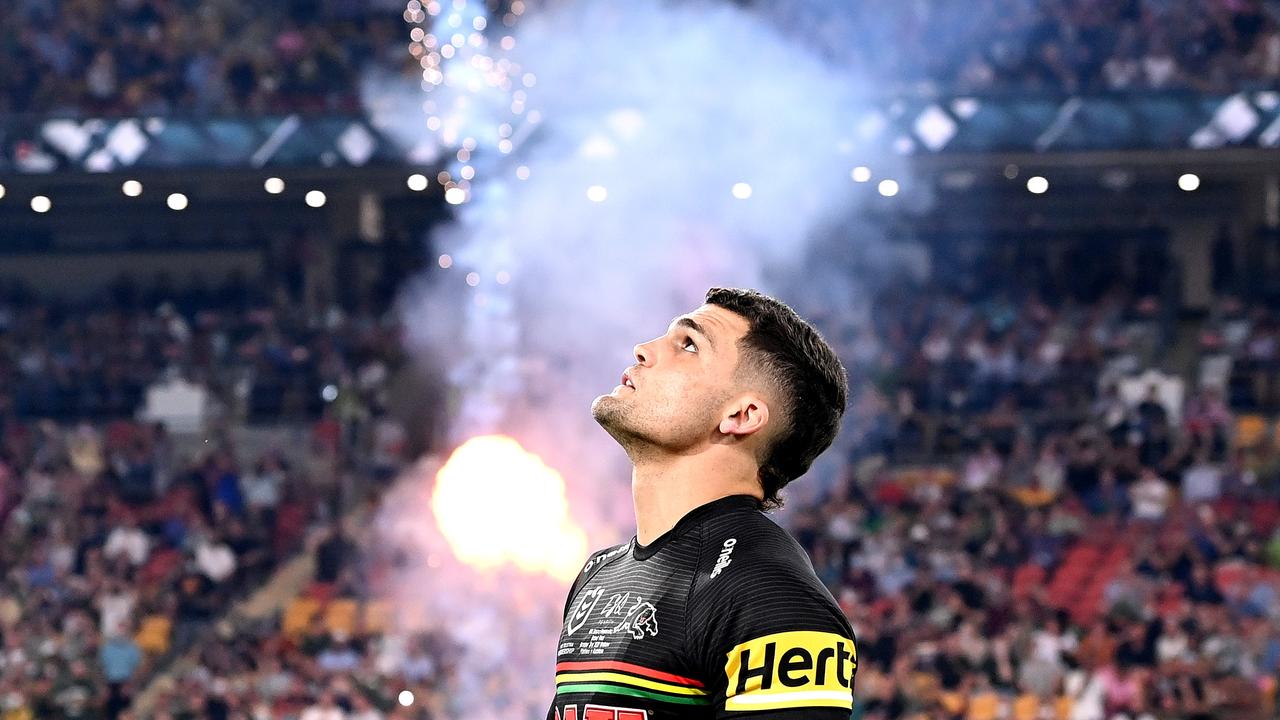 Nathan Cleary takes the field in last year’s grand final at Suncorp Stadium. Picture: Bradley Kanaris/Getty