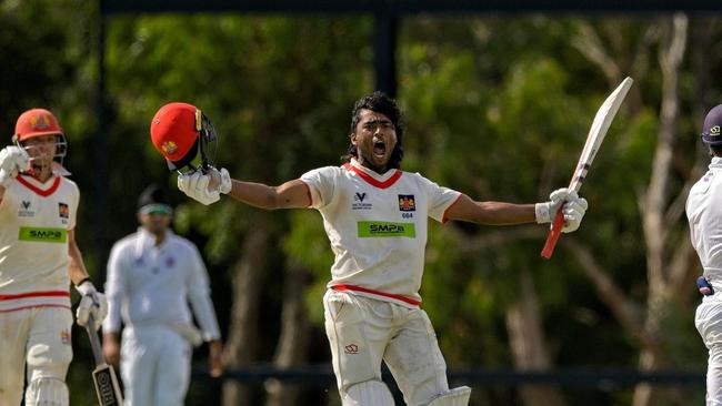 Harrish Kannan is away with his maiden Victorian Premier Cricket century. Pictures: CM THOMAS PHOTOGRAPHY