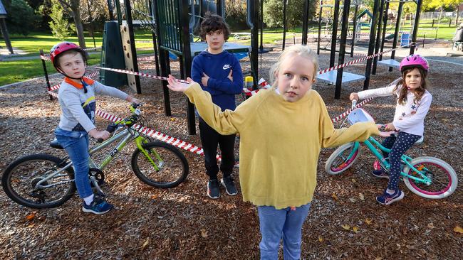 Tom, 5, Manon, 9, Marcus, 9, and Olive, 6, are frustrated with the ban on playgrounds. Picture: Alex Coppel