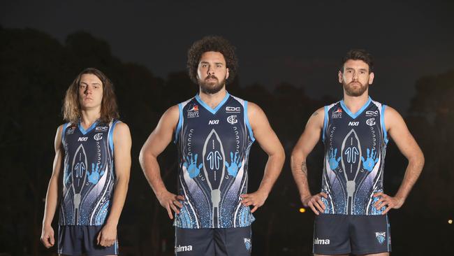 Glenunga Rams celebrated its first Indigenous Round in the Adelaide Footy League on Saturday. Senior Indigenous players Abe Davis (former Sturt),(C), Sam Abell, (R), and Kai Rankine (L). Picture: Dean Martin