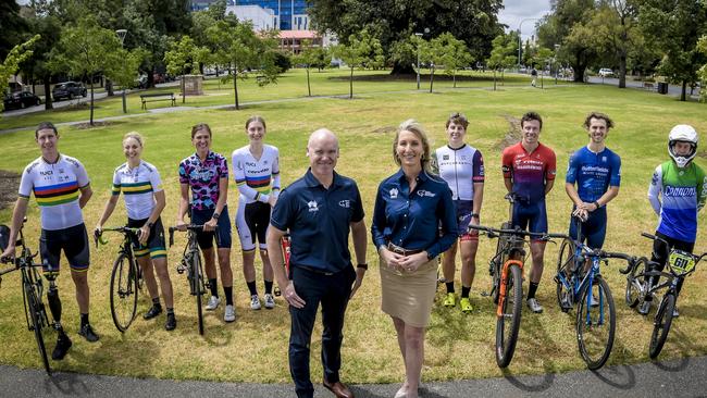 NO ARCHIVING . ONE TIME USE ONLY .  Men's and women's race directors Stuart O'Grady and Kimberley Conte at the announcement of the Santos Festival of Cycling. Front Middle - Stuart O'Grady (Race Director, Men's); Kimberly Conte (Race Director, Women's)L-R Behind-Darren Hicks (Para-Cycling); Meg Lemon (Para-Cycling); Carlee Taylor (NRS Road); Ella Sibley (Track); Nat Redmond (Cyclo-Cross); Cam Ivory (MTB Cross-Country);  Tristan Sauders (NRS Road); Dontay Cooper (BMX). Picture: Roy Van der Vegt /Santos Festival of Cycling