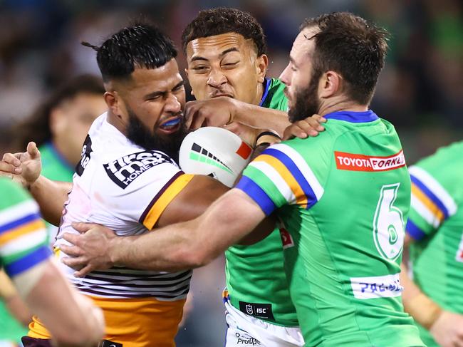 Payne Haas suffered a dislocated finger against Canberra. Picture: Mark Nolan/Getty