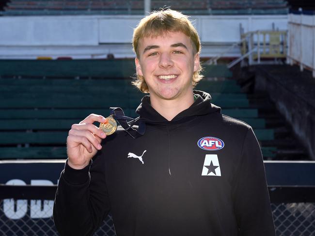 MELBOURNE, AUSTRALIA - JULY 16: Ryley Sanders of the Allies poses after being named as the MVP of the U18 Boys Championship during the 2023 U18 Boys Championships match between Vic Country and Vic Metro at Ikon Park on June 16, 2023 in Melbourne, Australia. (Photo by Morgan Hancock/AFL Photos via Getty Images)