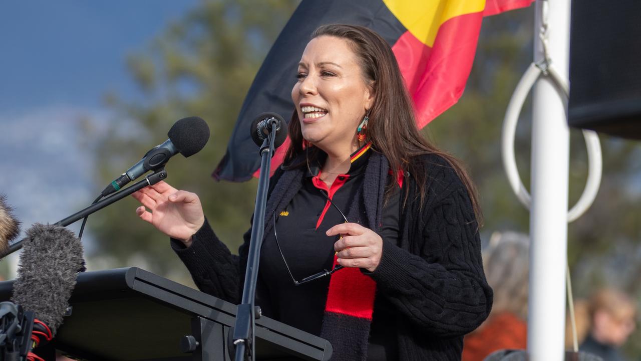 Nala Mansell speaks to the large crowd that gathered at Piyura Kitina / Risdon Cove for NAIDOC week. Picture: Linda Higginson.