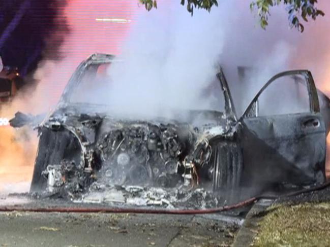 A car was set on fire after a shooting in Campsie on Tuesday night. Picture: TNV