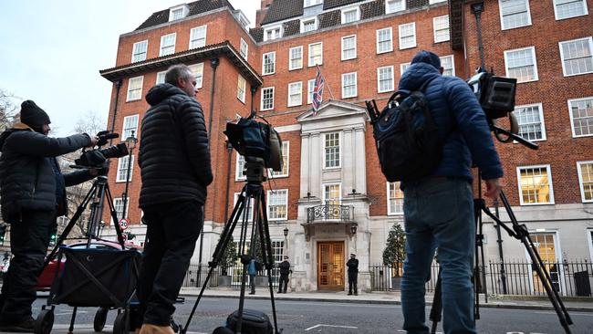 Media workers stand with their television broadcast cameras opposite the entrance to the London Clinic, where Catherine, Princess of Wales, is facing up to two weeks after undergoing successful abdominal surgery. Picture: AFP